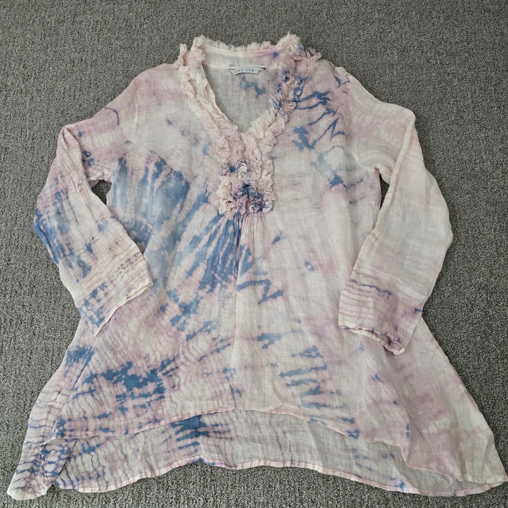 Luna Luz Linen Blouse Tie Dye Ruffle Boho Top Made USA Women M
